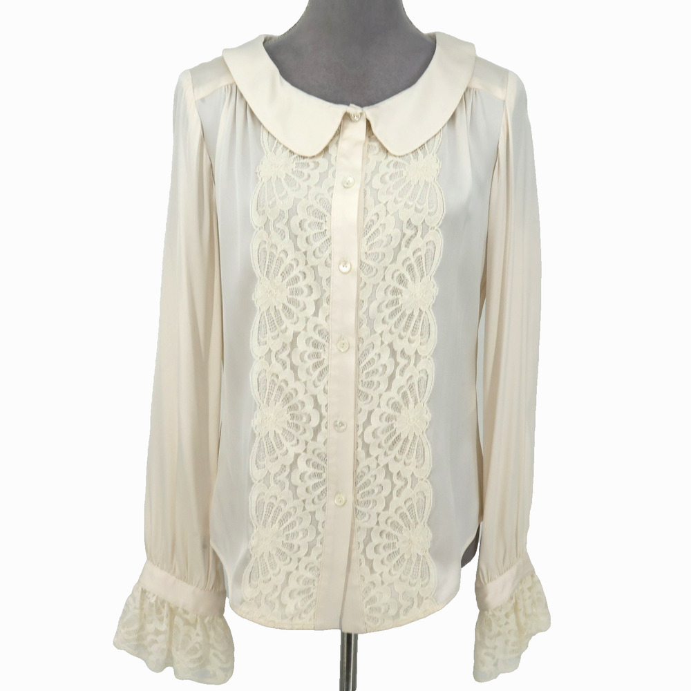 Douglas Hannant Top Womens 10 Silk Blouse Lace Trim Peter Pan Collar Ruffles New